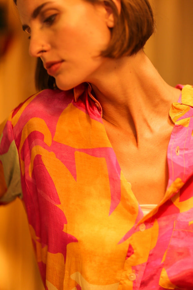 BOYFRIEND BILLIE PINK AND YELLOW SPLASH - sustainably made MOMO NEW YORK sustainable clothing, boyfrend shirt slow fashion