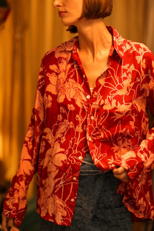 BOYFRIEND BILLIE RED JUNGLE - sustainably made MOMO NEW YORK sustainable clothing, boyfrend shirt slow fashion