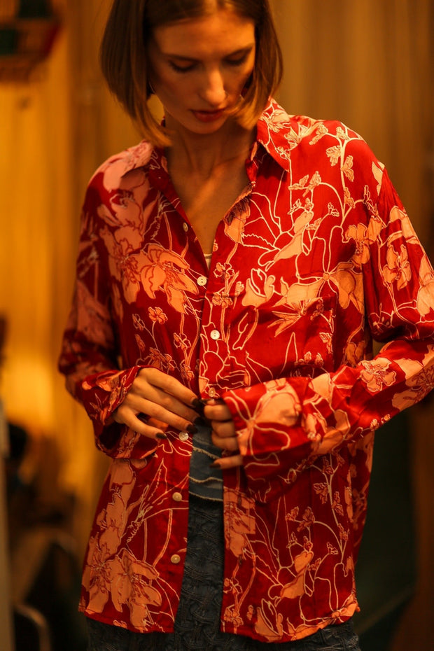 BOYFRIEND BILLIE RED JUNGLE - sustainably made MOMO NEW YORK sustainable clothing, boyfrend shirt slow fashion