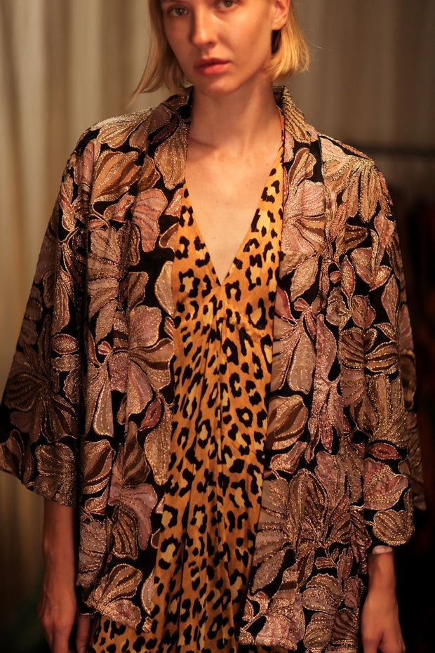 CARINE EMBROIDERED SILK KIMONO BLACK AND PINK - sustainably made MOMO NEW YORK sustainable clothing, embellished slow fashion