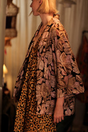 CARINE EMBROIDERED SILK KIMONO BLACK AND PINK - sustainably made MOMO NEW YORK sustainable clothing, embellished slow fashion