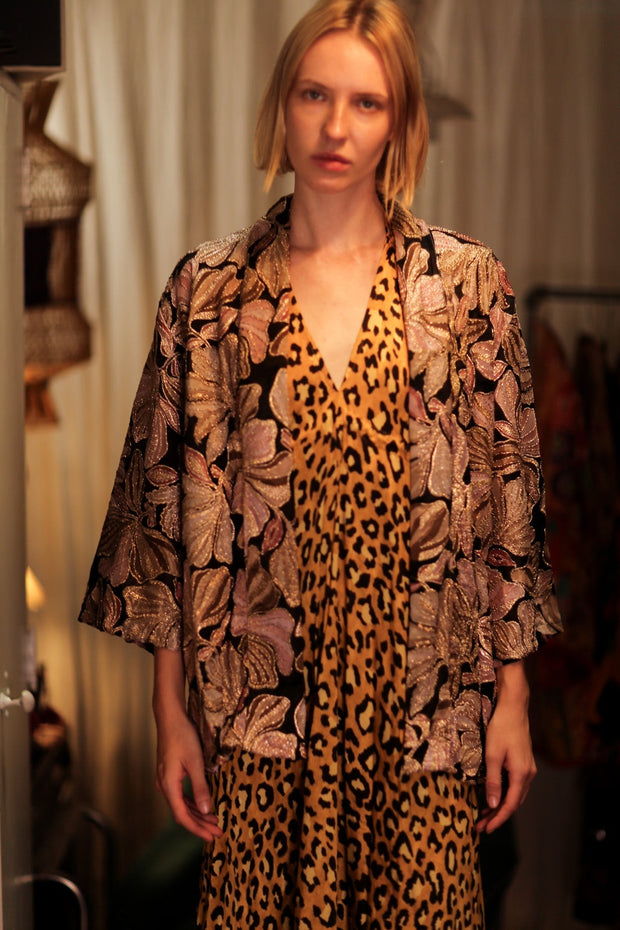 CARINE EMBROIDERED SILK KIMONO BLACK AND PINK - sustainably made MOMO NEW YORK sustainable clothing, embellished slow fashion