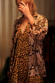 CARINE EMBROIDERED SILK KIMONO BLACK AND PINK - sustainably made MOMO NEW YORK sustainable clothing, embellished slow fashion