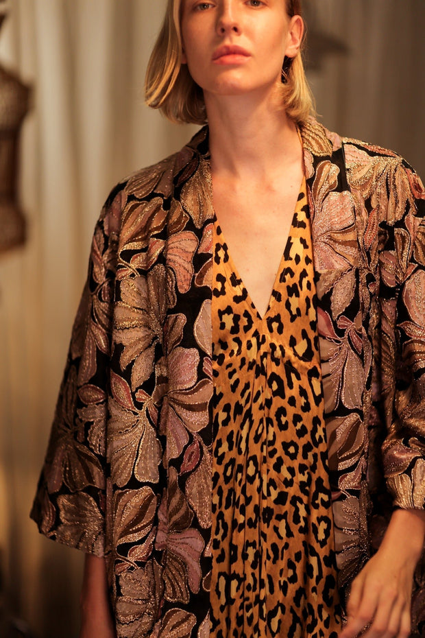 CARINE EMBROIDERED SILK KIMONO BLACK AND PINK - sustainably made MOMO NEW YORK sustainable clothing, embellished slow fashion