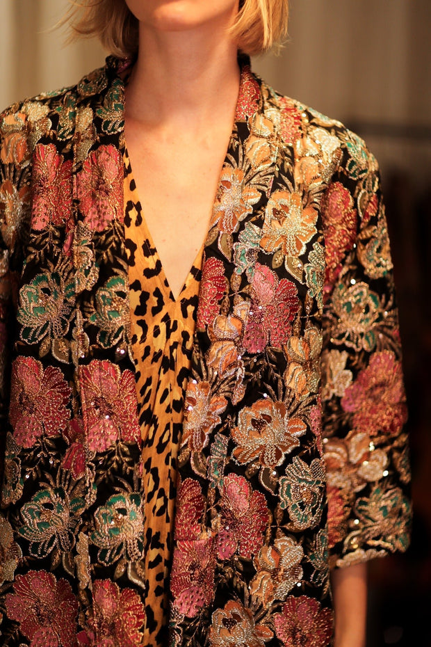 CARINE EMBROIDERED SILK KIMONO MULTI FLOWER - sustainably made MOMO NEW YORK sustainable clothing, embellished slow fashion