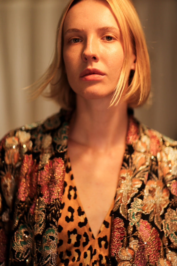 CARINE EMBROIDERED SILK KIMONO MULTI FLOWER - sustainably made MOMO NEW YORK sustainable clothing, embellished slow fashion