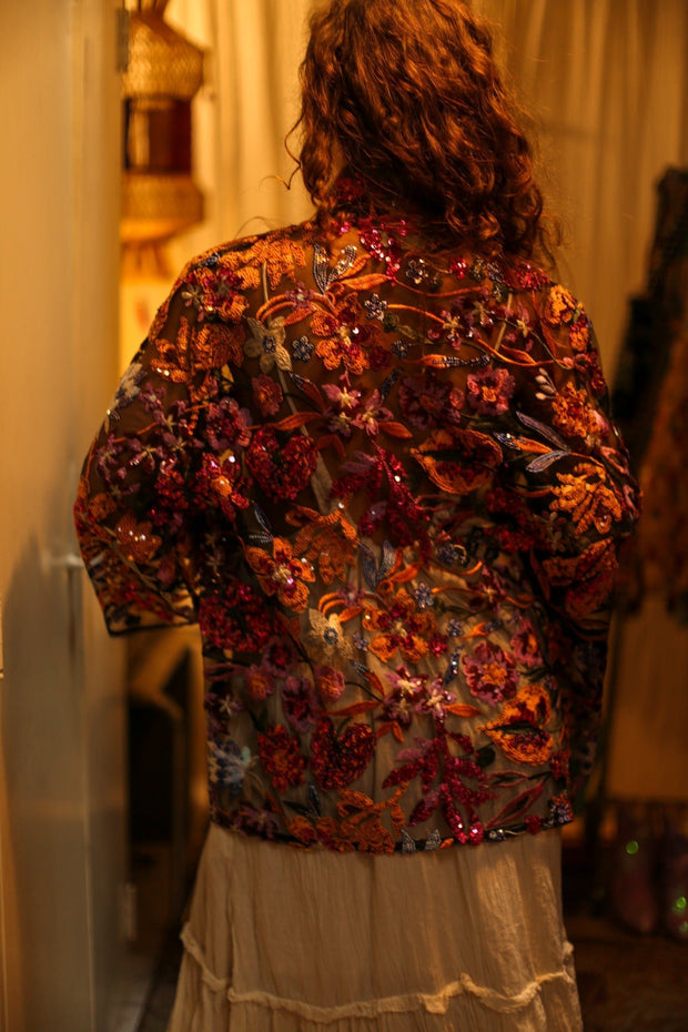 CARMEN SEQUINED EMBROIDERED SHORT KIMONO - sustainably made MOMO NEW YORK sustainable clothing, Coat slow fashion
