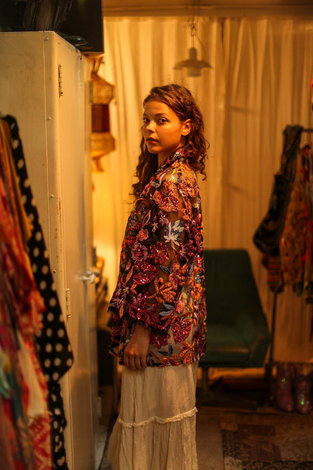 CARMEN SEQUINED EMBROIDERED SHORT KIMONO - sustainably made MOMO NEW YORK sustainable clothing, Coat slow fashion