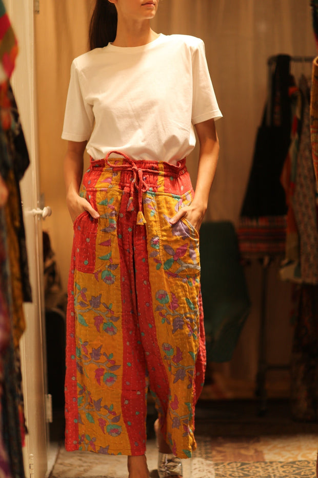 COTTON PANTS LENA MORNING COFFEE - sustainably made MOMO NEW YORK sustainable clothing, embroidered slow fashion