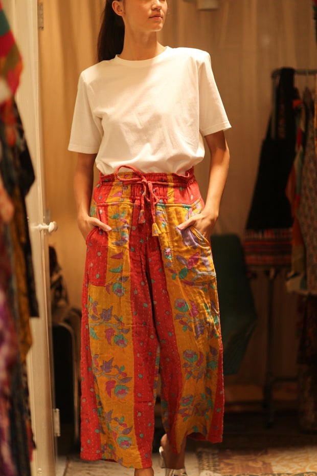 COTTON PANTS LENA MORNING COFFEE - sustainably made MOMO NEW YORK sustainable clothing, embroidered slow fashion