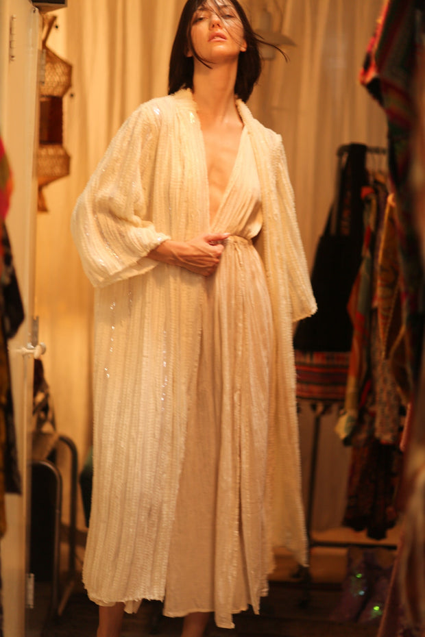 CREAM FRILL SEQUIN EMBROIDERED ISAI - sustainably made MOMO NEW YORK sustainable clothing, kimono slow fashion