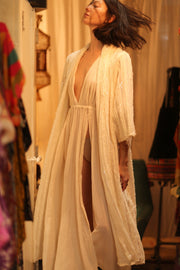 CREAM FRILL SEQUIN EMBROIDERED ISAI - sustainably made MOMO NEW YORK sustainable clothing, kimono slow fashion