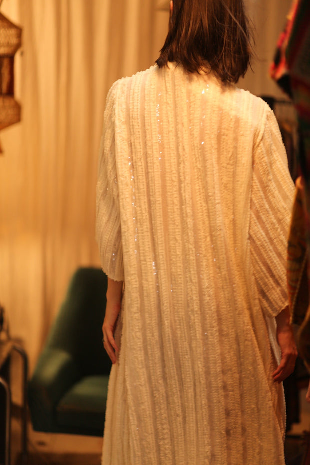 CREAM FRILL SEQUIN EMBROIDERED ISAI - sustainably made MOMO NEW YORK sustainable clothing, kimono slow fashion