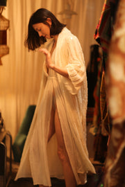 CREAM FRILL SEQUIN EMBROIDERED ISAI - sustainably made MOMO NEW YORK sustainable clothing, kimono slow fashion