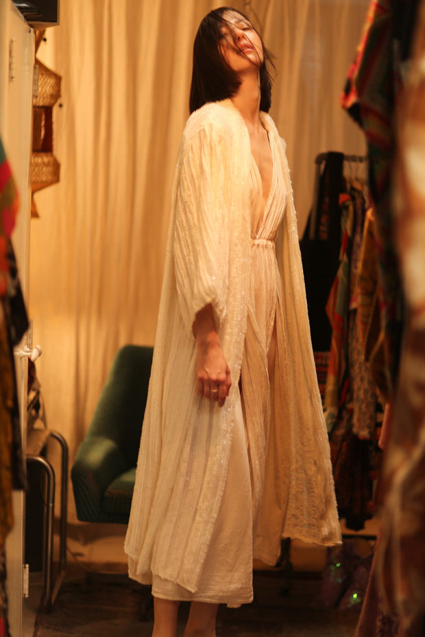 CREAM FRILL SEQUIN EMBROIDERED ISAI - sustainably made MOMO NEW YORK sustainable clothing, kimono slow fashion