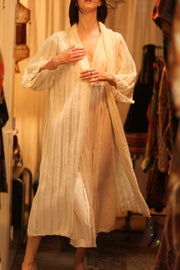CREAM FRILL SEQUIN EMBROIDERED ISAI - sustainably made MOMO NEW YORK sustainable clothing, kimono slow fashion