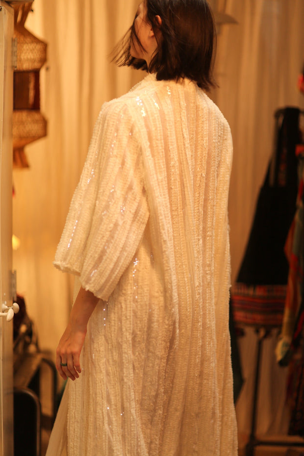 CREAM FRILL SEQUIN EMBROIDERED ISAI - sustainably made MOMO NEW YORK sustainable clothing, kimono slow fashion