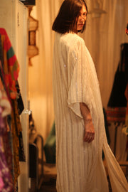 CREAM FRILL SEQUIN EMBROIDERED ISAI - sustainably made MOMO NEW YORK sustainable clothing, kimono slow fashion