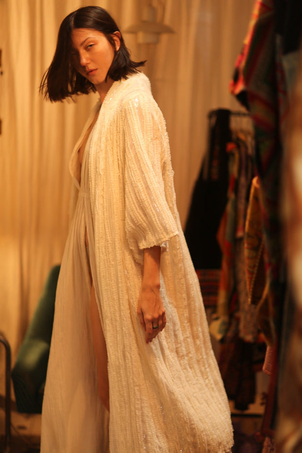 CREAM FRILL SEQUIN EMBROIDERED ISAI - sustainably made MOMO NEW YORK sustainable clothing, kimono slow fashion