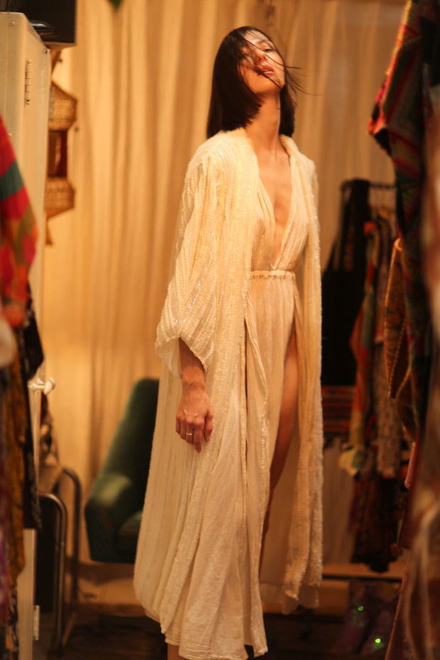 CREAM FRILL SEQUIN EMBROIDERED ISAI - sustainably made MOMO NEW YORK sustainable clothing, kimono slow fashion