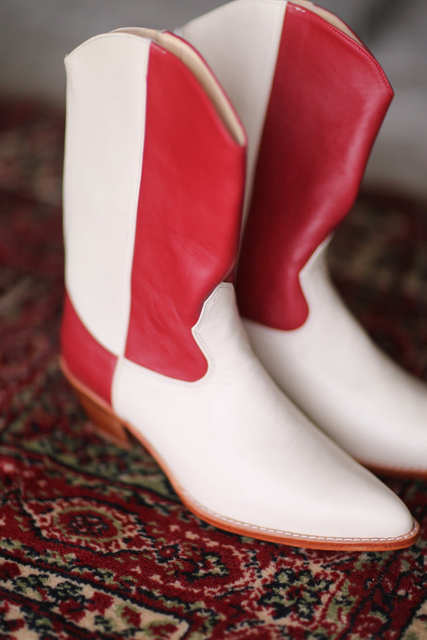 CREAM RED WESTERN BOOTS GUSTAV - sustainably made MOMO NEW YORK sustainable clothing, ankle boots slow fashion