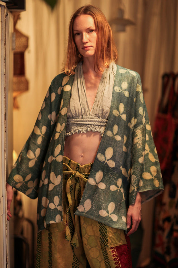DAMON KANCHON SHORT KIMONO DIRTY TURQUOISE - sustainably made MOMO NEW YORK sustainable clothing, slow fashion