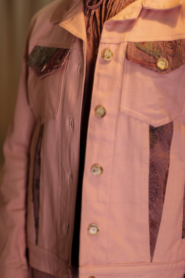 DENIM JACKET WITH SUZANI EMBROIDERY CANDY FLOSS - sustainably made MOMO NEW YORK sustainable clothing, coatandjacket slow fashion