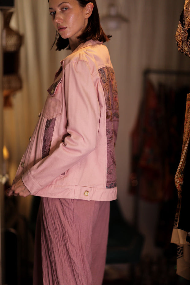 DENIM JACKET WITH SUZANI EMBROIDERY CANDY FLOSS - sustainably made MOMO NEW YORK sustainable clothing, coatandjacket slow fashion