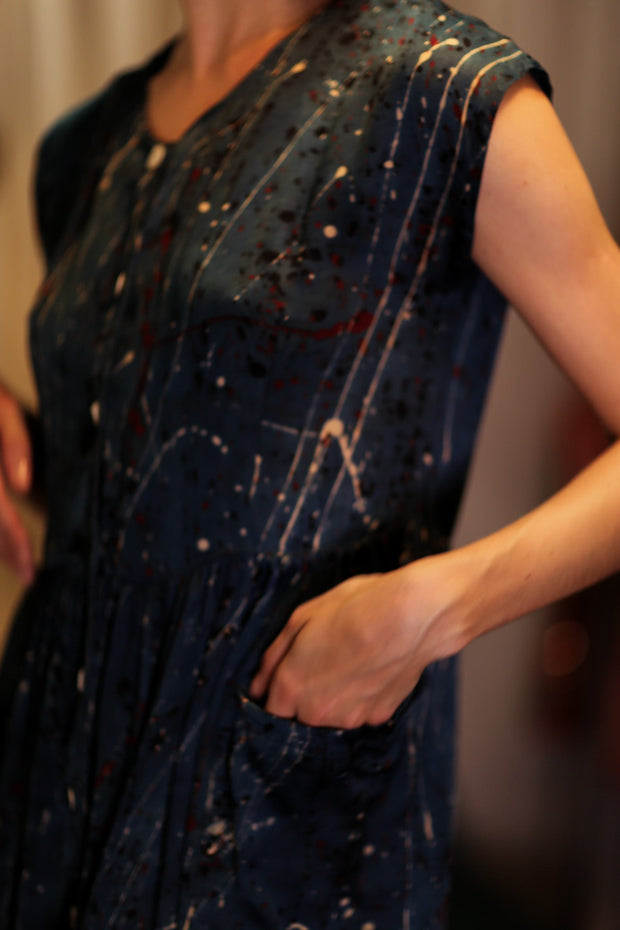 EDITH SILK DRESS BLUE PAINTER - sustainably made MOMO NEW YORK sustainable clothing, Boho Chic Dress slow fashion