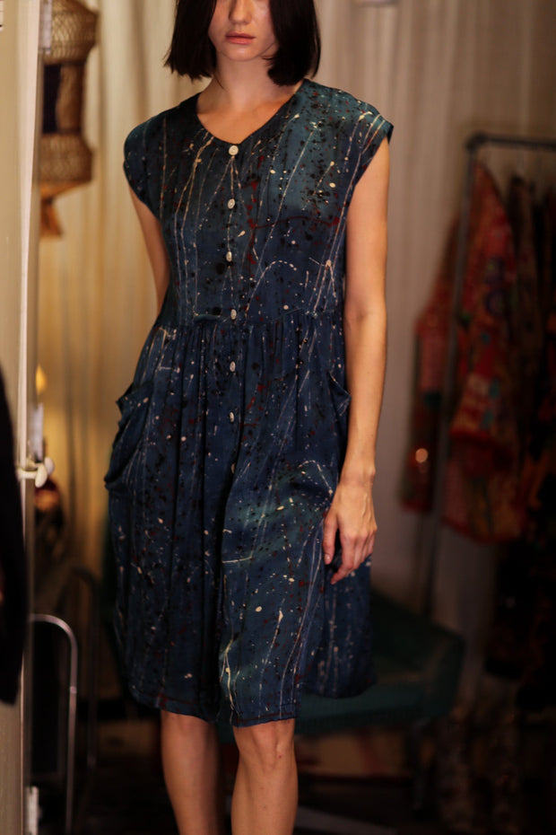 EDITH SILK DRESS BLUE PAINTER - sustainably made MOMO NEW YORK sustainable clothing, Boho Chic Dress slow fashion
