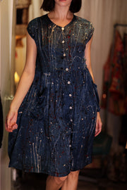 EDITH SILK DRESS BLUE PAINTER - sustainably made MOMO NEW YORK sustainable clothing, Boho Chic Dress slow fashion