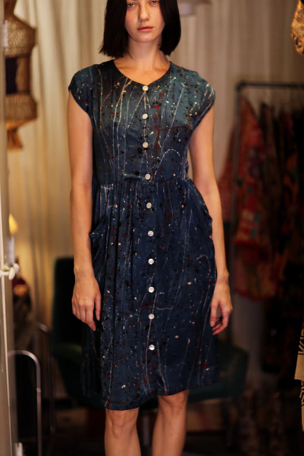 EDITH SILK DRESS BLUE PAINTER - sustainably made MOMO NEW YORK sustainable clothing, Boho Chic Dress slow fashion