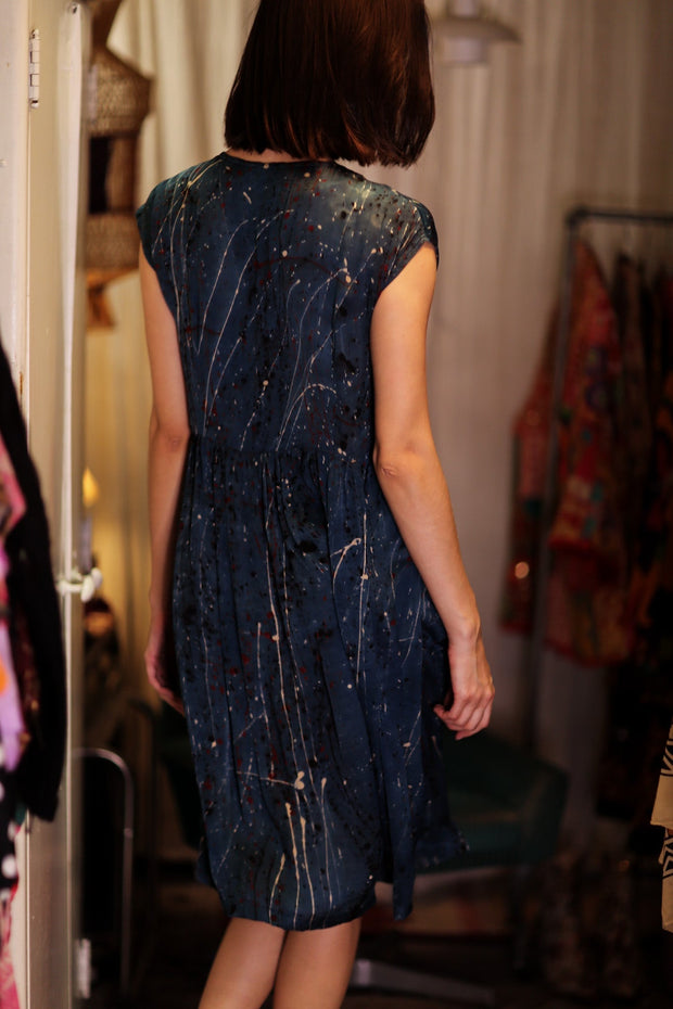 EDITH SILK DRESS BLUE PAINTER - sustainably made MOMO NEW YORK sustainable clothing, Boho Chic Dress slow fashion