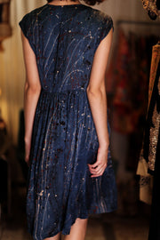 EDITH SILK DRESS BLUE PAINTER - sustainably made MOMO NEW YORK sustainable clothing, Boho Chic Dress slow fashion