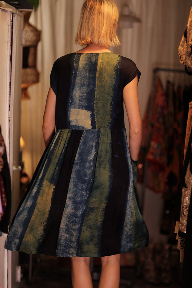EDITH SILK DRESS BLUE STRIPE - sustainably made MOMO NEW YORK sustainable clothing, Boho Chic Dress slow fashion
