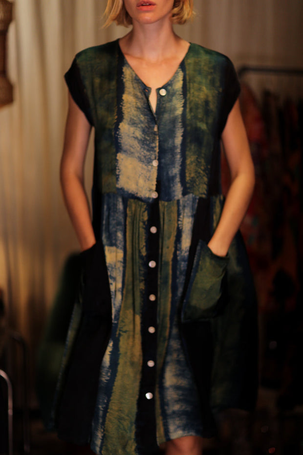 EDITH SILK DRESS BLUE STRIPE - sustainably made MOMO NEW YORK sustainable clothing, Boho Chic Dress slow fashion