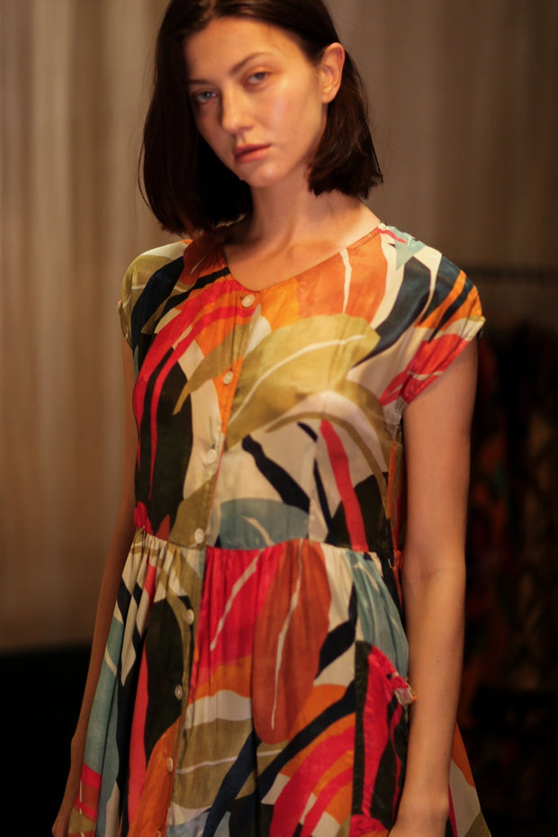 EDITH SILK DRESS COLOURED LEAVES - sustainably made MOMO NEW YORK sustainable clothing, Boho Chic Dress slow fashion