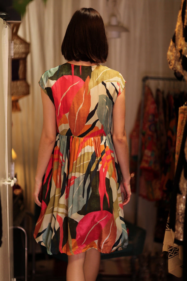 EDITH SILK DRESS COLOURED LEAVES - sustainably made MOMO NEW YORK sustainable clothing, Boho Chic Dress slow fashion