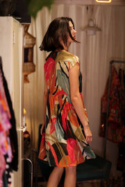 EDITH SILK DRESS COLOURED LEAVES - sustainably made MOMO NEW YORK sustainable clothing, Boho Chic Dress slow fashion