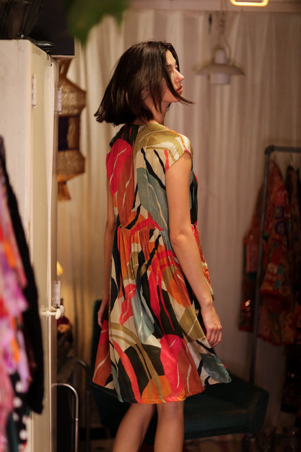 EDITH SILK DRESS COLOURED LEAVES - sustainably made MOMO NEW YORK sustainable clothing, Boho Chic Dress slow fashion