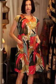 EDITH SILK DRESS COLOURED LEAVES - sustainably made MOMO NEW YORK sustainable clothing, Boho Chic Dress slow fashion