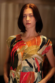 EDITH SILK DRESS COLOURED LEAVES - sustainably made MOMO NEW YORK sustainable clothing, Boho Chic Dress slow fashion