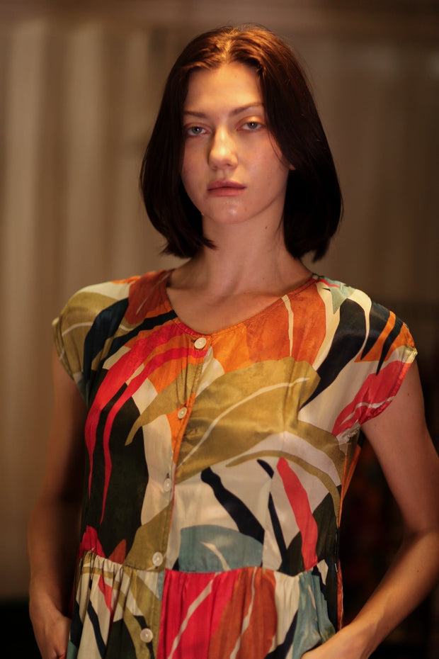EDITH SILK DRESS COLOURED LEAVES - sustainably made MOMO NEW YORK sustainable clothing, Boho Chic Dress slow fashion