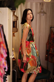 EDITH SILK DRESS COLOURED LEAVES - sustainably made MOMO NEW YORK sustainable clothing, Boho Chic Dress slow fashion