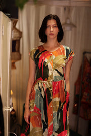 EDITH SILK DRESS COLOURED LEAVES - sustainably made MOMO NEW YORK sustainable clothing, Boho Chic Dress slow fashion
