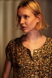 EDITH SILK DRESS GARDEN BEIGE - sustainably made MOMO NEW YORK sustainable clothing, Boho Chic Dress slow fashion