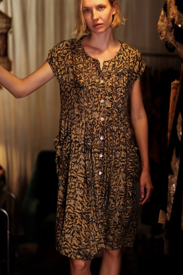 EDITH SILK DRESS GARDEN BEIGE - sustainably made MOMO NEW YORK sustainable clothing, Boho Chic Dress slow fashion