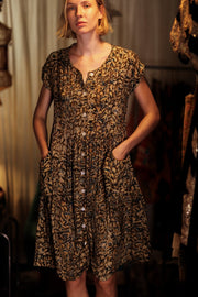 EDITH SILK DRESS GARDEN BEIGE - sustainably made MOMO NEW YORK sustainable clothing, Boho Chic Dress slow fashion