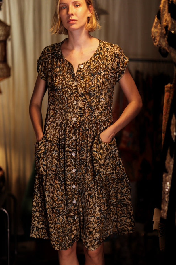 EDITH SILK DRESS GARDEN BEIGE - sustainably made MOMO NEW YORK sustainable clothing, Boho Chic Dress slow fashion