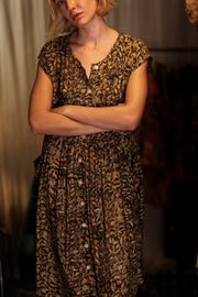 EDITH SILK DRESS GARDEN BEIGE - sustainably made MOMO NEW YORK sustainable clothing, Boho Chic Dress slow fashion